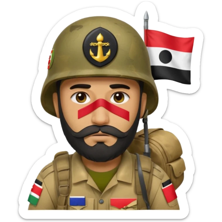A very tired and sad, swarthy Iraqi soldier with a beard, an Iraqi flag on his helmet, a sad expression and bags under his eyes sticker