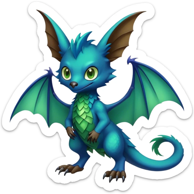 Cute cool fantasy animal hybrid bat-Sergal-Digimon-Fakemon full body, green scales, brown eyes, blue feathers sticker