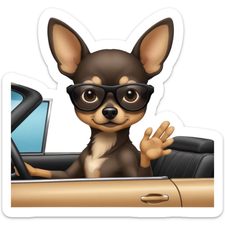 Make a skinny black deer headed chihuahua with a black nose wearing sunglasses driving in a car. sticker