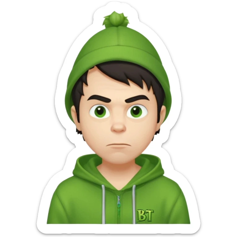 Create an avatar of white European with dark hair  male in hoodie with ``BST`` letters on it. Make background to look like from movie Grinch. make him look to left side sticker