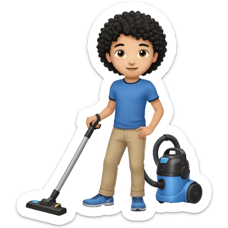 Emoji to encourage kids to do chores - should contain something about house chores, ok replace the broom with a vaccum make it atheltic boy 8 years old - egyptian with curly hair but not too curly -  sticker