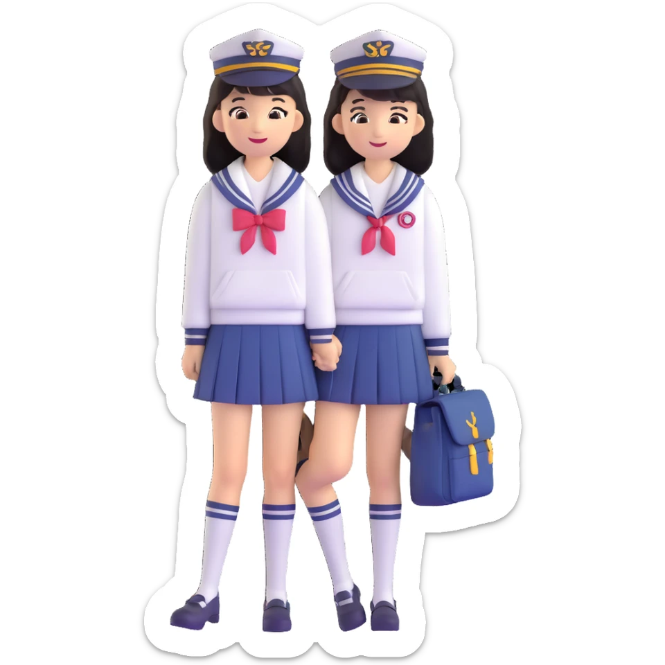 Cute Japanese female high school student in sailor uniform carrying a school bag sticker