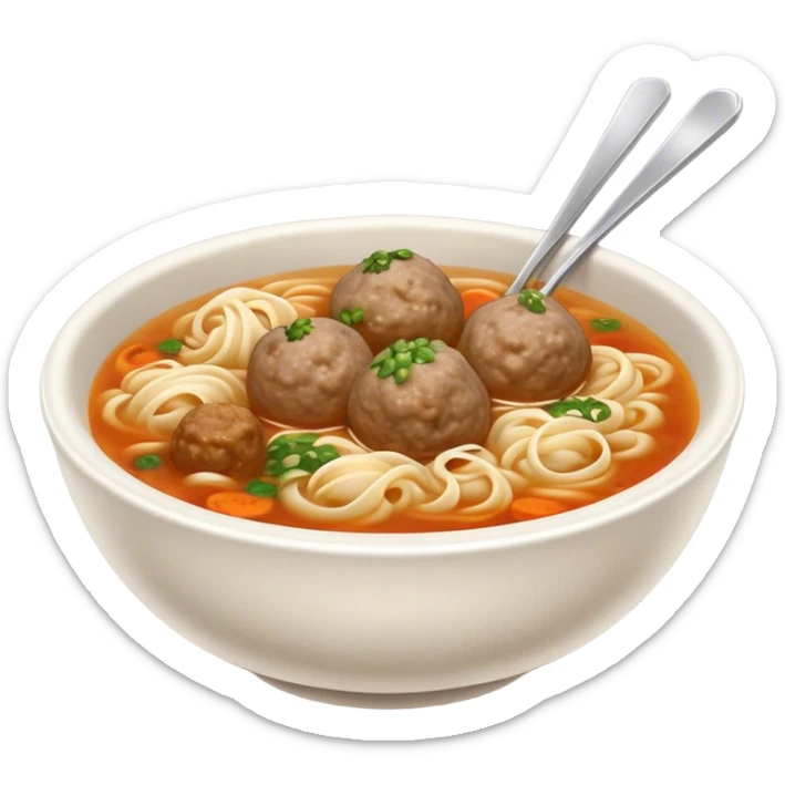 Cinematic Realistic Bakso Dish Emoji, showcasing savory meatball soup with noodles rendered with detailed textures and warm, inviting lighting. sticker