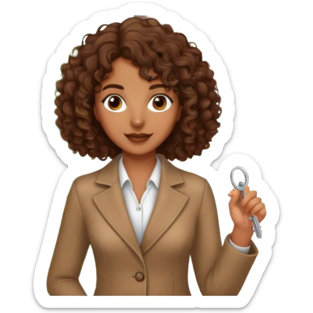 brown lady with medium brown mid length curly hair in real estate job with house sticker
