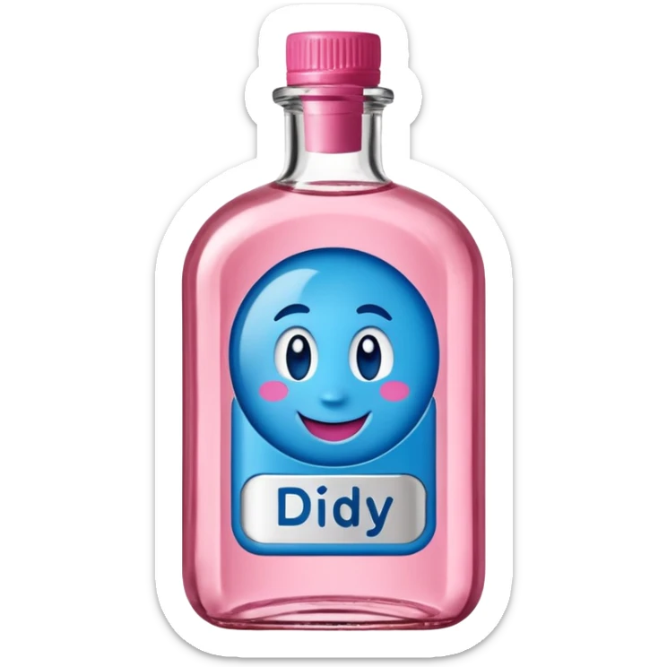 Smiling bottle of oil blue top pink outside with logo that says diddy oil sticker