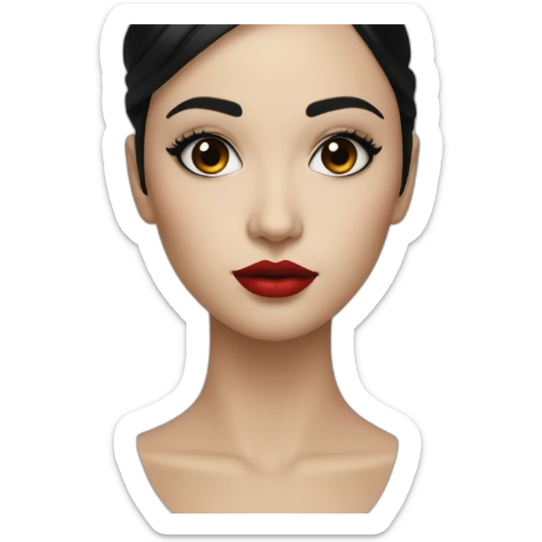 straight black hair,red lipstick,black eyes, white skin and a small nose sticker