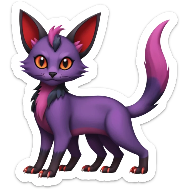 Black edgy Noivern-Noibat-Purloin-Torracat-Lykoi-Caracal-cat-Fakemon-fusion-hybrid-creature with violet and red scale markings sticker