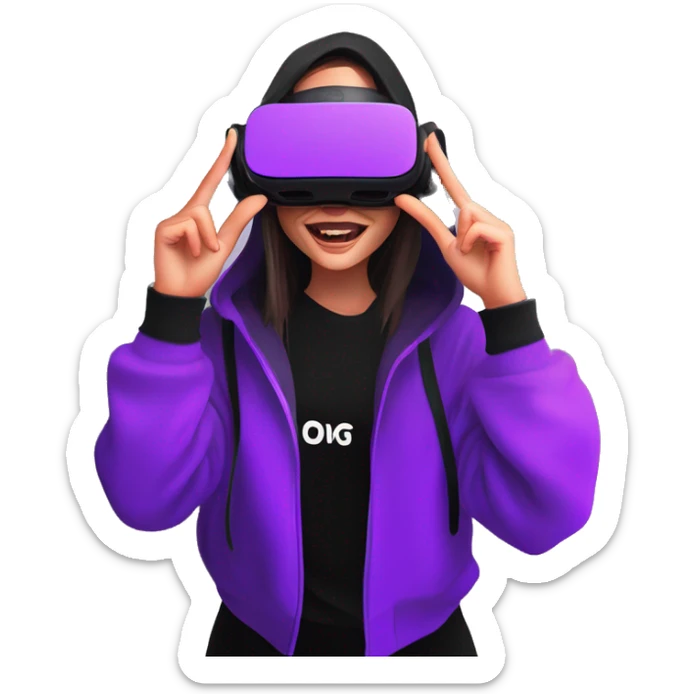 Russian girl wearing black hoody with violet letters "OMG", in vr headset oculus quest2. Dancing. Cyberpunk style. Violet neon. sticker