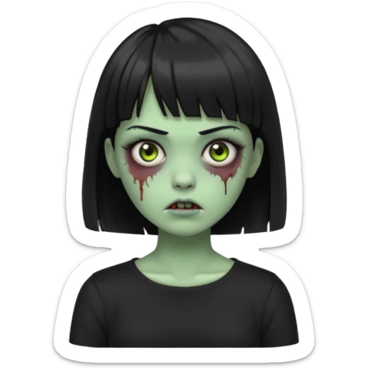 Zombie girl emoji verde com cabelo curto liso preto no ombro e franja na altura da sobrancelha com uma blusa preta sticker