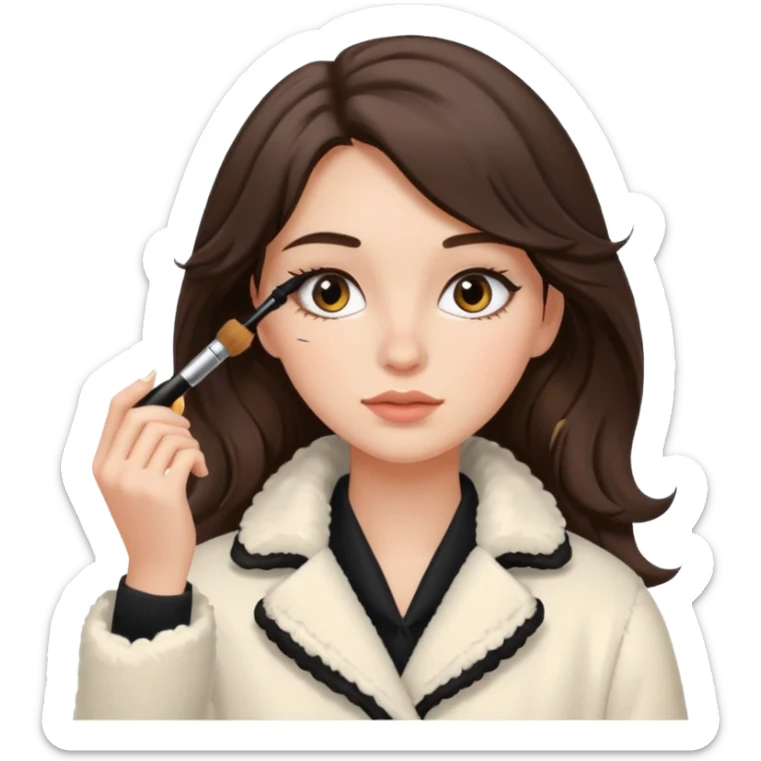 Garota branca de cabelos levemente ondulados castanhos escuros médio aplicando máscara de cílios, ela veste casaco off white estilo cozy sticker