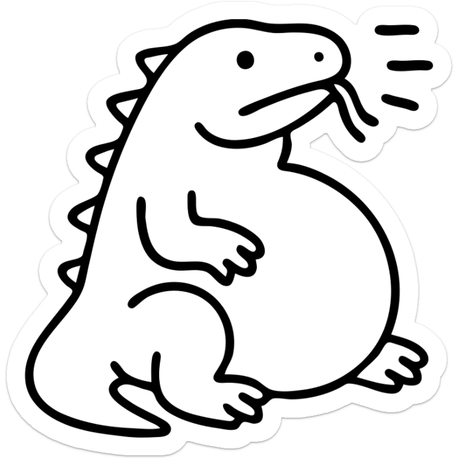An outline of a chubby komodo dragon with motion lines indicating hiccups, oversized belly sticker