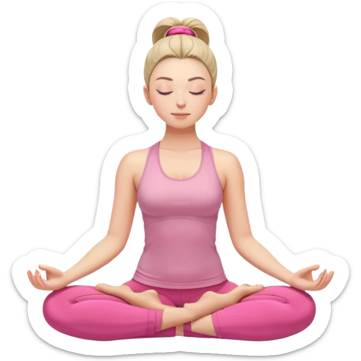 caucasian woman with high ponytail in lotus position meditating, eyes closed, peaceful expression, pink yoga clothes sticker