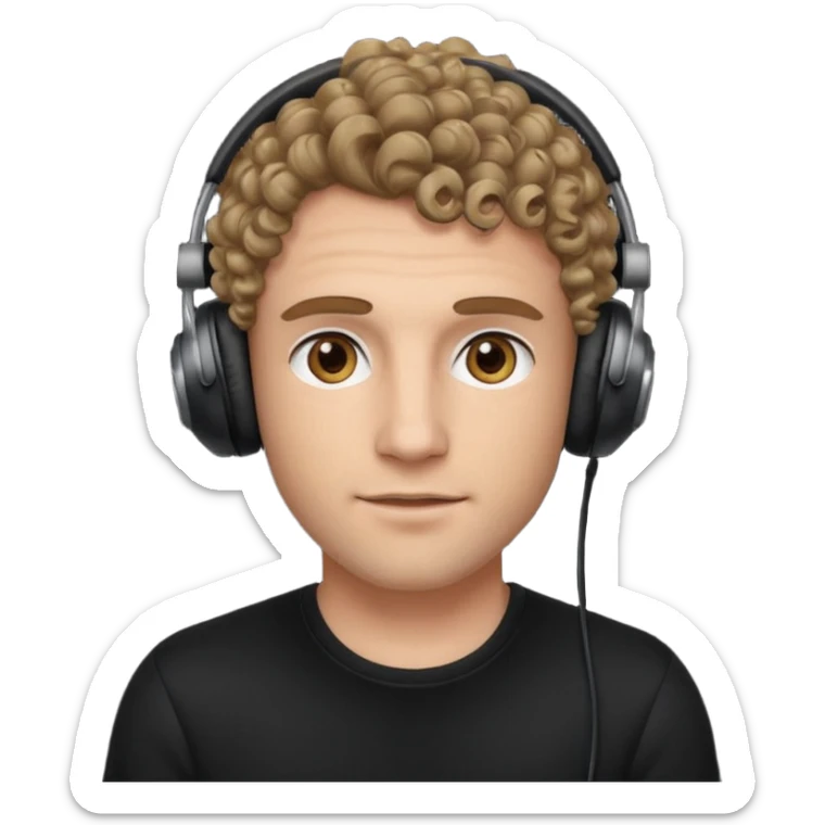 curly dark blonde haired man with hazel eyes, wearing a black top and black gaming headphones sticker