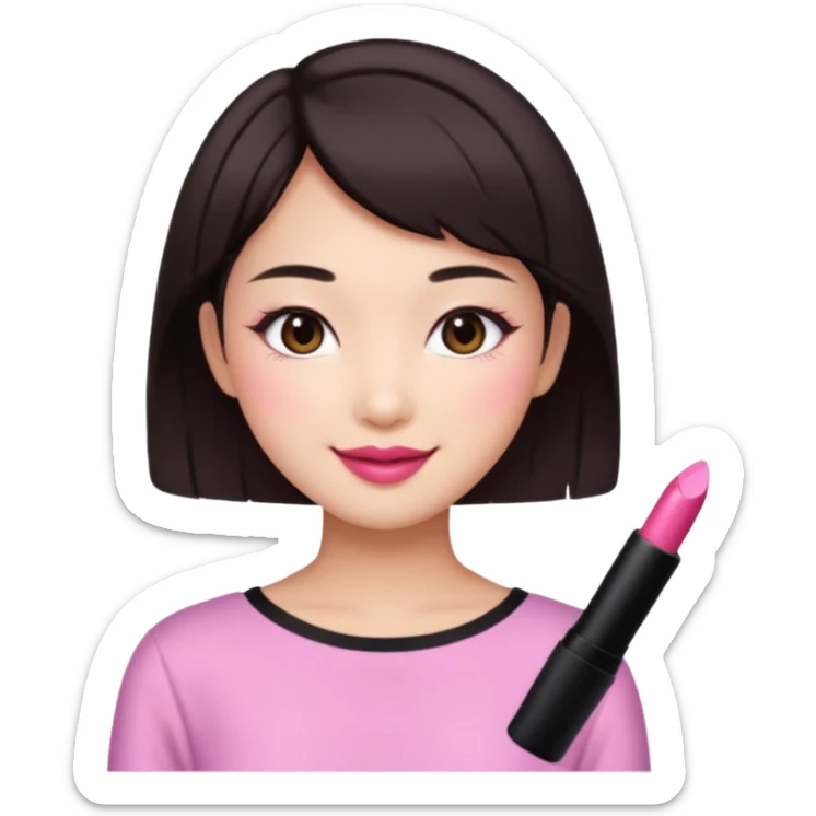 asian girl with short dark brown hair and dark brown eyes with a soft girl pink glowup aesthetic sticker