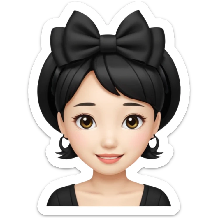 Korean woman with black cute  cut with a black top and a bow on her head with long lashes sticker