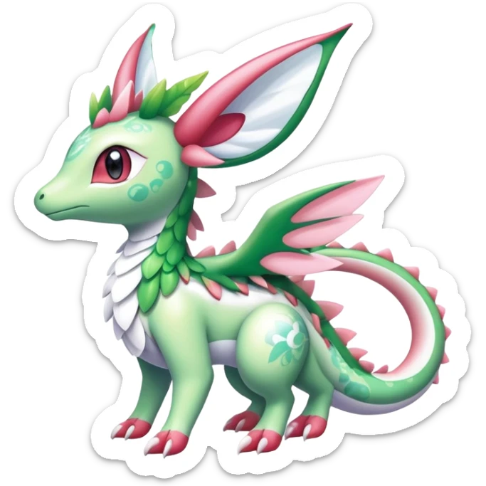 Shiny Exotic Cute Majestic Ethereal Sparkly Flygon-Sylveon-Shaymin-Meganium-Hybrid-Creature with white pattern-markings sticker