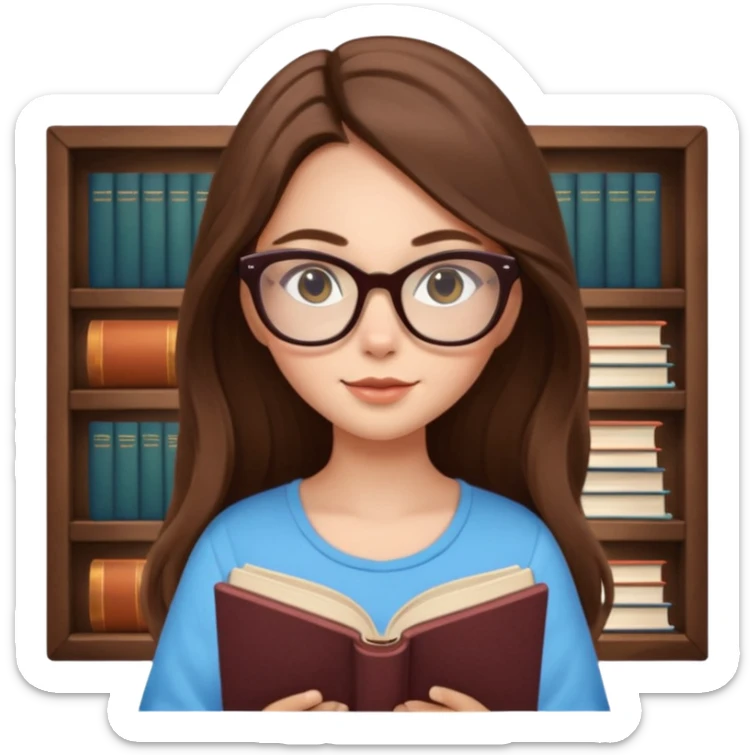clean beautiful girl long brown hair, wear glasses cat eye, reading a book sticker