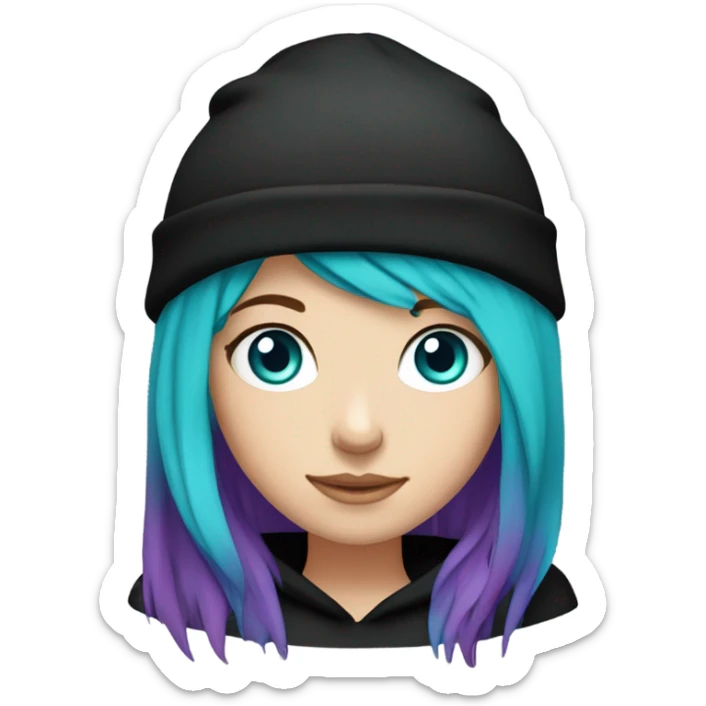 White girl, black hoodie, long teal and purple hair, black beanie hat, blue eyes sticker