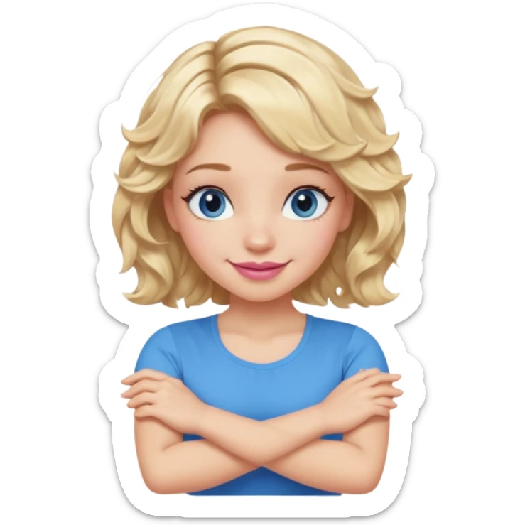 Girl Blonde short wavy hair,  blue eyes, cute blue top, long lashes, pink lips, smiling, making cross arms X with arms  sticker