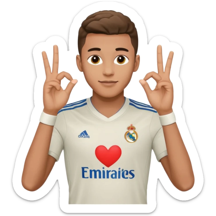 Jude Bellingham, English footballer, making a heart gesture with his hands, in Real Madrid kit, emoji style sticker