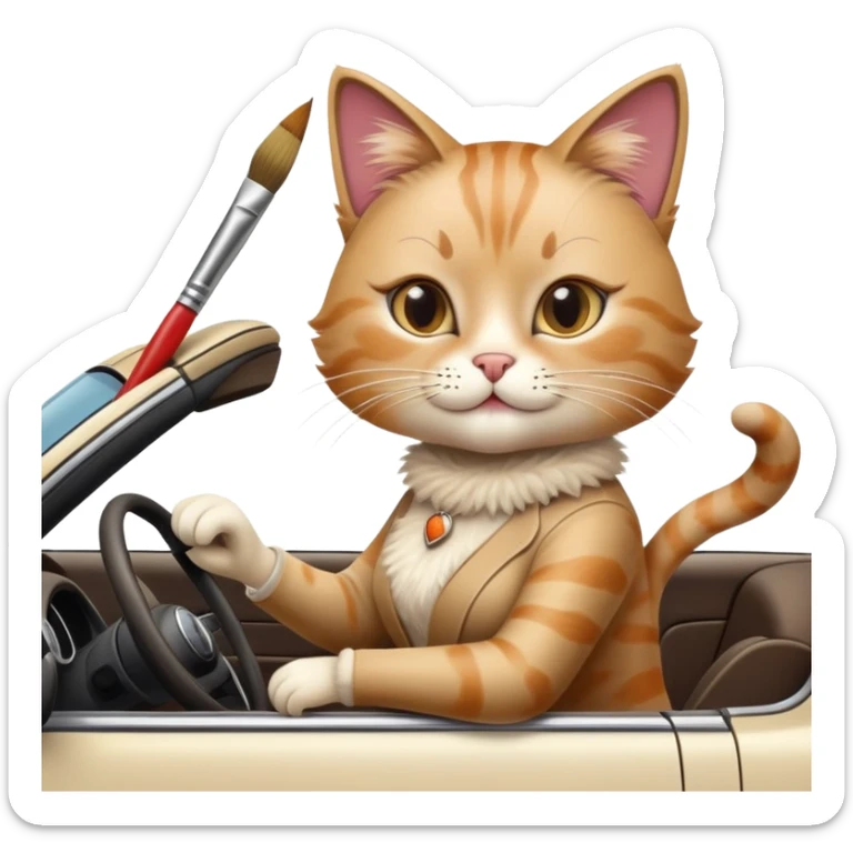 A cat with high heels and can drive a car and likes to do art sticker