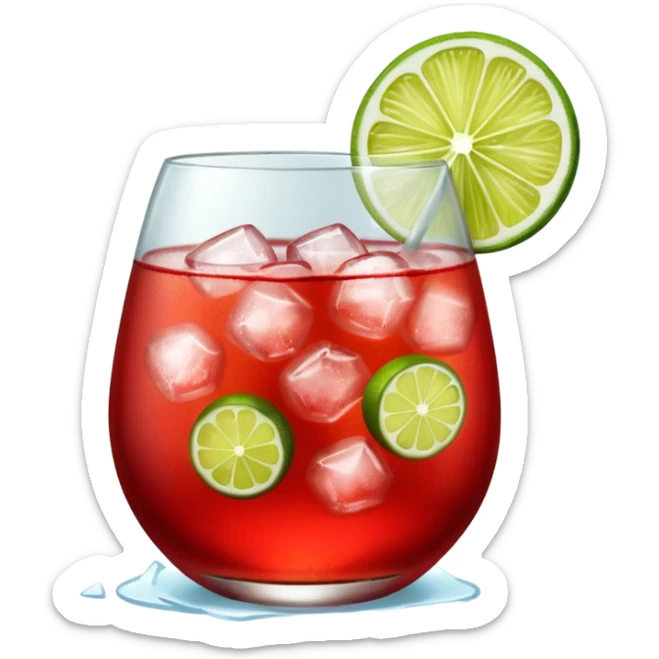 A round wine glass filled with bright red Campari tonic, lots of ice, and a lime wedge on top. sticker