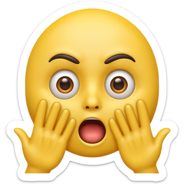 A 3D glossy yellow emoji of a shocked horrified face, with mouth and eyes are wide open, eyebrows  raised, and hands against their face, black background, high quality, soft studio lighting sticker