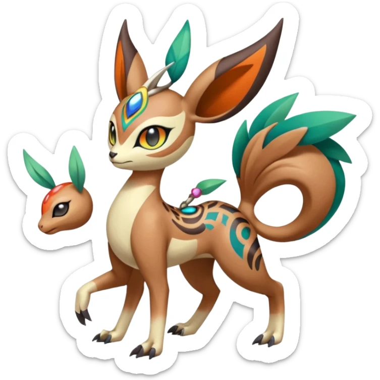 Tribal Colorful Exotic Fionbri-Falvie-Vernid-Meloetta-Pokémon-Fakémon-Digimon-Spectrobe-hybrid-fusion, full body sticker
