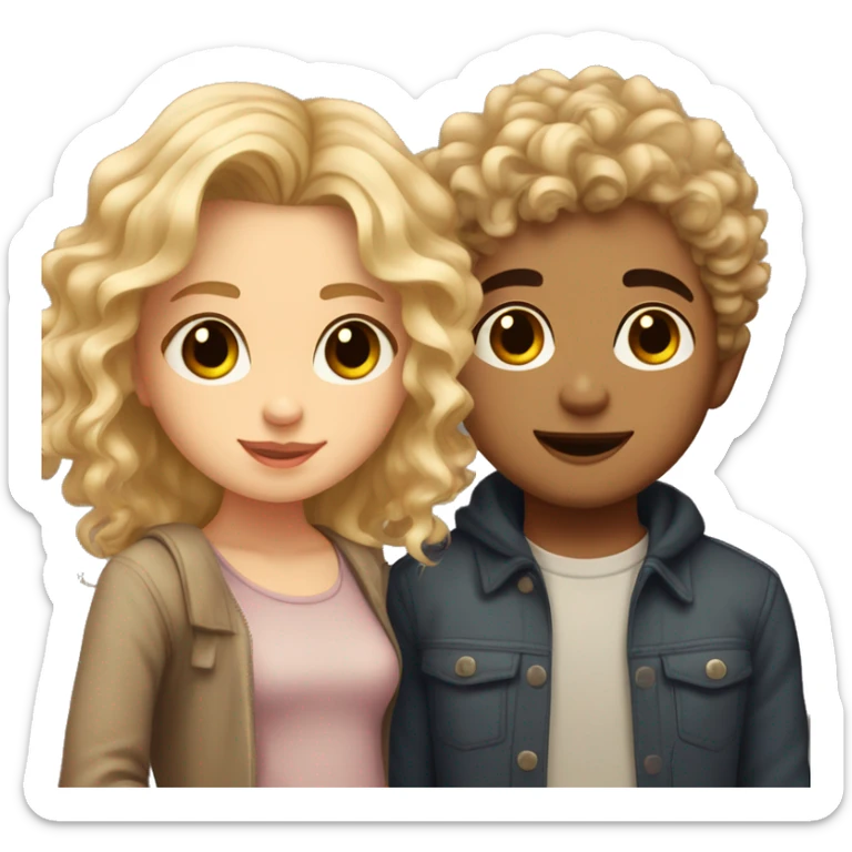 Girl with curly wavy hair and brown eyes kissing  blonde boy with layered hair and hazel eyes  sticker