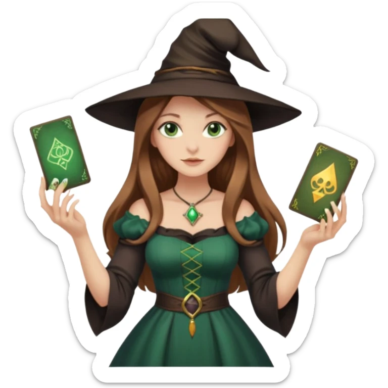  witch girl with long light brown hair and green eyes and Tarot cards without hat and in sexy dress  sticker