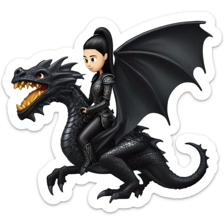  beautiful armored teen Morticia Addams Jedi riding on the back of a very large black shiny evil-looking dragon sticker