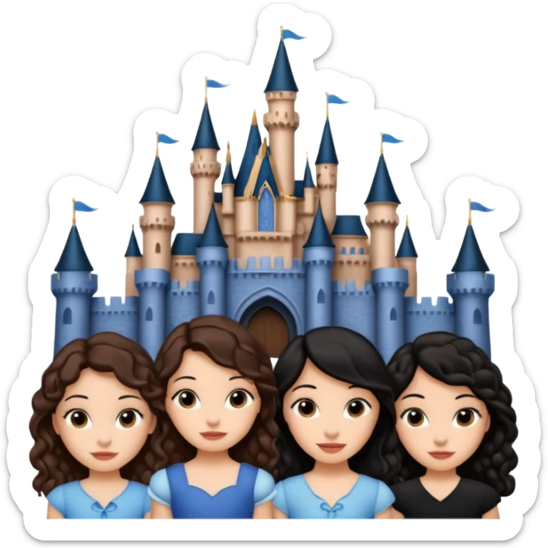 Quiero que crees una imagen donde este el castillo de Disney y por detrás o delante pon a 4 chicas: una con el pelo largo rizado marrón , otra con el pelo muy corto negro, otra con el pelo mediano liso marrón y otra con el pelo negro largo liso sticker