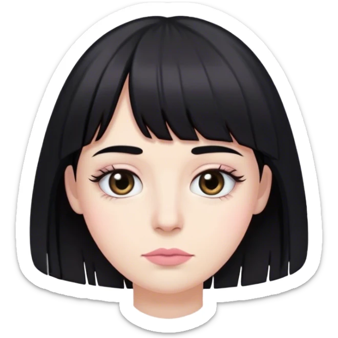 Cabelos até abaixo do  ombro  com franja na sombancelha e pretos , olhos bem pouco caidos e pretos , pele branca como a neve,  , bastante cilios e boca rosada claro sticker