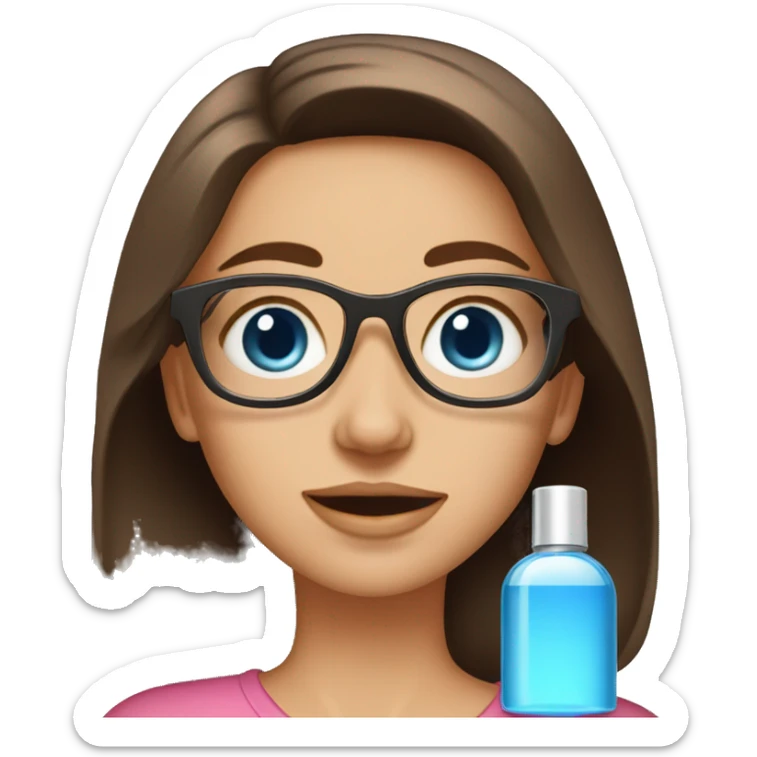 Medium length brown haired girl with blue eyes wearing glasses. Girl is spraying perfume sticker