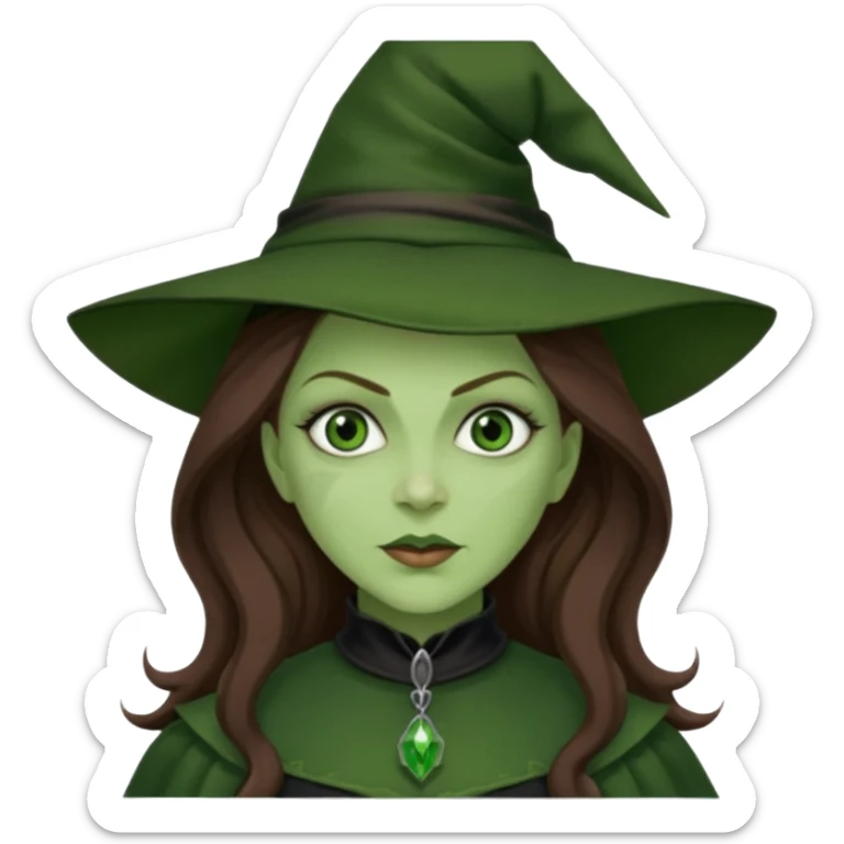 Wicked Witch of the West from the Wizard of Oz with green skin and eyes, brown long hair, dark green outfit sticker