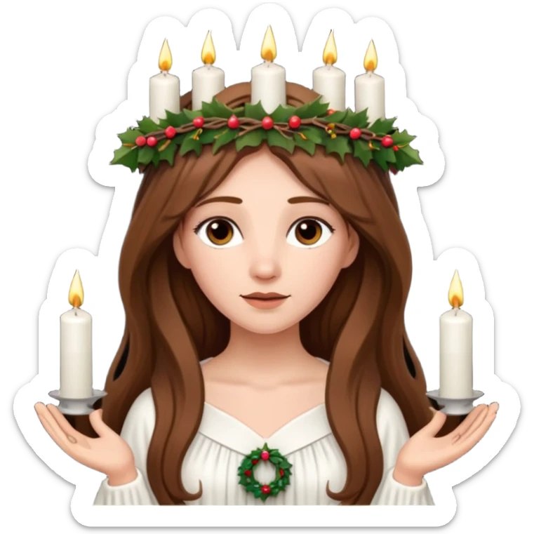 brown long haired white women with white gown and advent wreath with 5 candles on the head sticker
