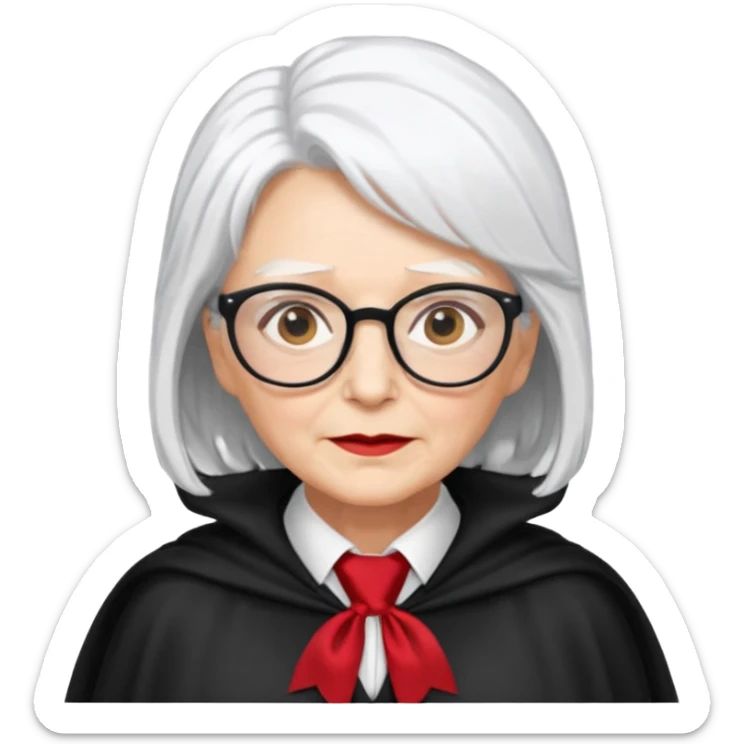 An older woman with glasses and white hair, in a red tie and black cape sticker