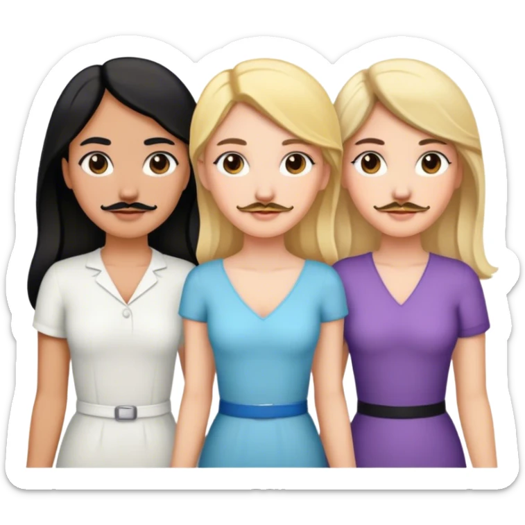 Three women holding hands, two white, one with blonde hair, one with black hair and a mustache, and one with brown hair sticker