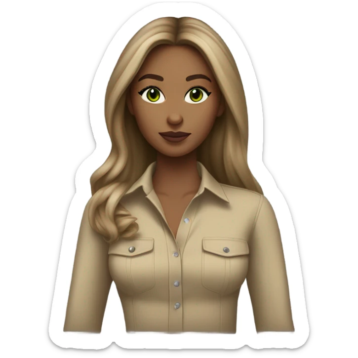 light tan skin, high cheekbone, solo dark blonde girl with green eyes,long sleeve shirt, skinny, long blow out hair, baddie, middle part, sultry sticker