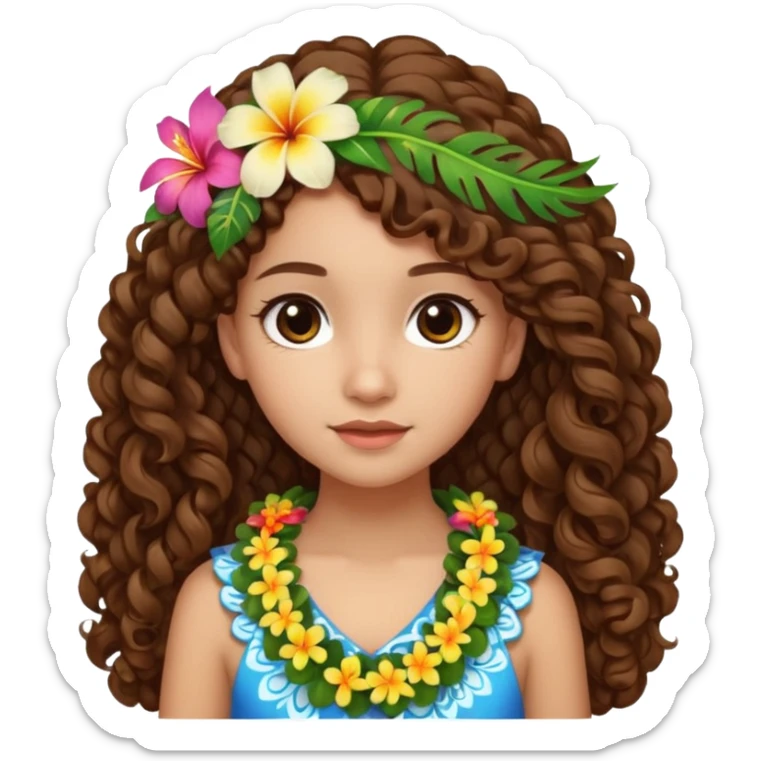 Chica morena clara de ojos marrones cabello rizado largo de lado y una flor hawaiana en el cabello  sticker