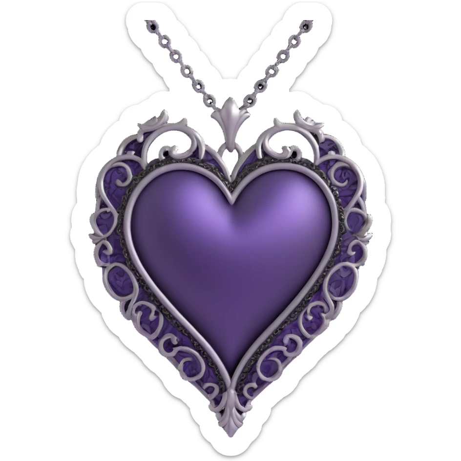 gothic heart, deep purple satin, ornate silver filigree, black lace trim, faint purple glow, with a silver chain wrap sticker