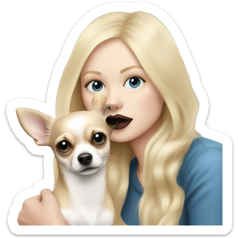 Blonde blue eyed, pale skin woman kissing her chihuahua, the chihuahua has the color of black and white, the chihuahua has long coated  sticker