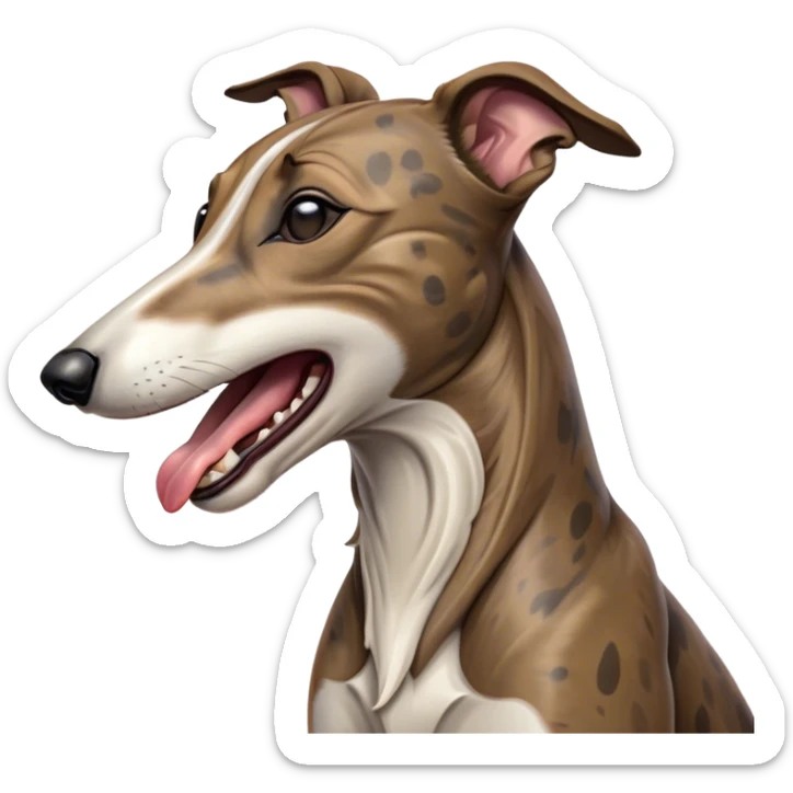 Cinematic Cute Yawning Brindle Greyhound Portrait Emoji, Head tilted slightly with a dramatic, wide-open yawn, showcasing a smooth brindle Fur with a refined pattern, floppy ears slightly drooping, round eyes barely open in drowsy contentment, Simplified yet irresistibly adorable features, highly detailed, glowing with a soft, cozy glow, high shine, relaxed yet expressive, stylized with a touch of whimsy, bright and endearing, soft glowing outline, capturing the essence of a sleepy yet affectionate racer, so drowsy it feels like it could stretch out of the screen and curl up for a nap! sticker