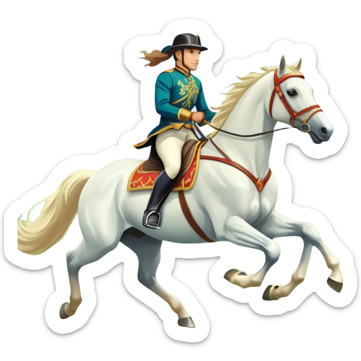 An icon showcasing a majestic horse and rider in full gallop across a lush green field. The background features a clear sky, distant mountains, and a vibrant landscape. The rider wears traditional gear, while the horse leaps with grace and power. Transparent background sticker
