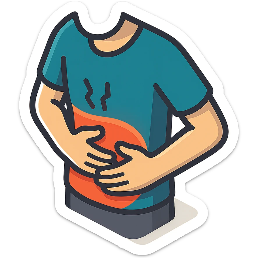 close-up of a person's stomach with both hands pressing on it from the front, showing discomfort, only the stomach and hands, no face, 2D isometric illustration style sticker