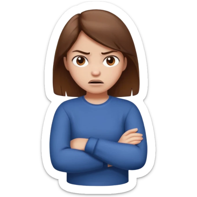 Girl with brown hair crossing arms in front of her chest and making an angry face sticker