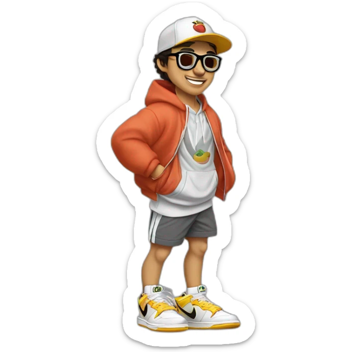 chico rubio  con lentes vestido con buzo y pantalone baggy y zapatillas nike dunk feliz cuerpo entero sticker