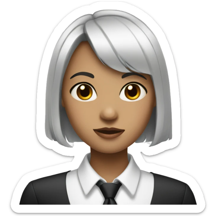 A girl with a black bob hair with bang wearing white shirt with a black tie sticker