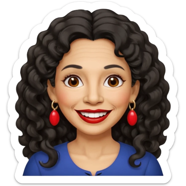 60 yr old peruvian woman, wavy/curly long black hair, red lipstick, big smile, white teeth, brown eyes, hoop earings, side part to hair, round face sticker