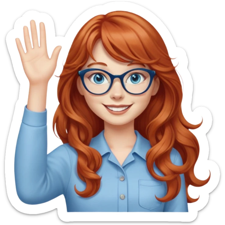 redheaded woman with very long wavy hair and bangs, blue eyes, clear cat-eye glasses, casual chic outfit, smiling, waving sticker